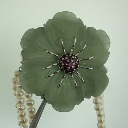 Designer Sterling Silver Carved Jade Pearl Pink Tourmaline Statement Necklace