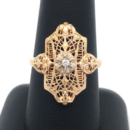Vintage 10K Yellow Gold Diamond Floral Filigree Statement Finger Ring
