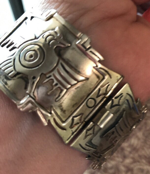 Mexico Sterling Silver 925 3D Peyote Design Four Panel Hinged Cuff Bracelet