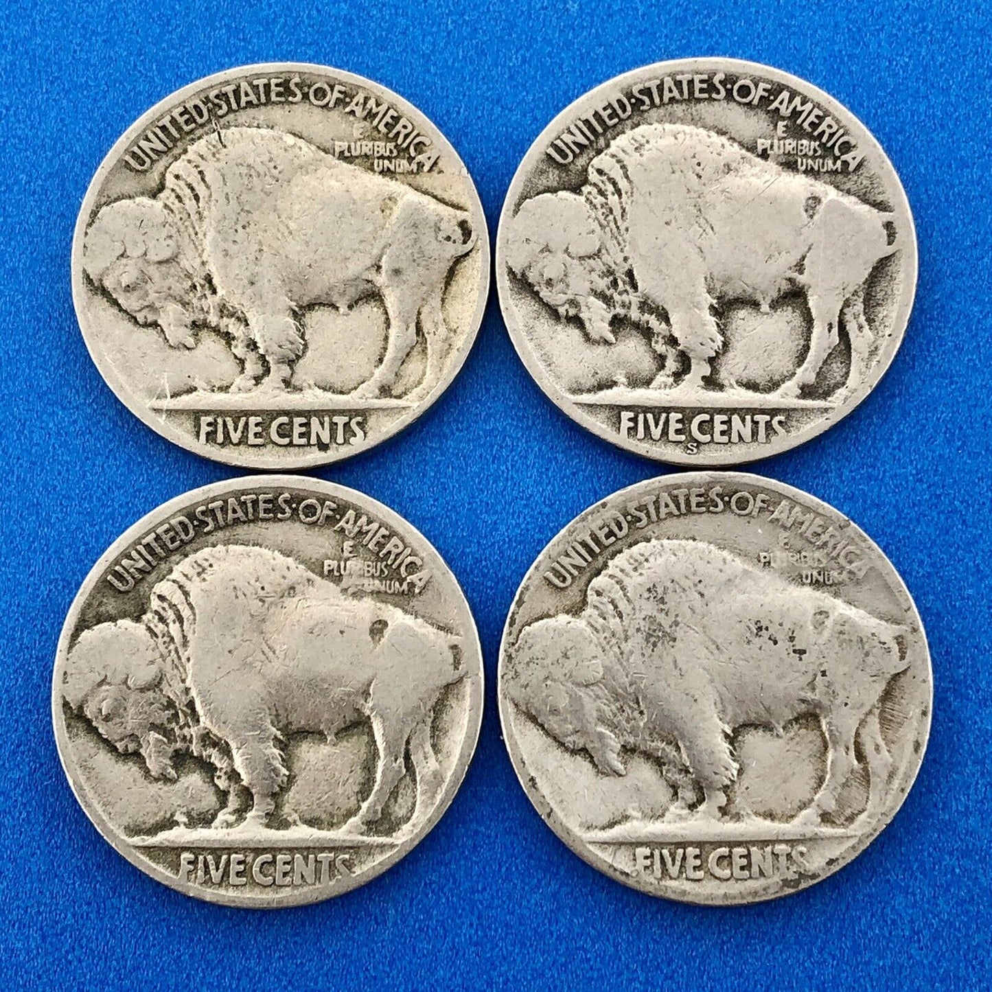 1921 P Indian Head Buffalo Nickel 5c Mixed Date Mint Mark Four Coin Lot