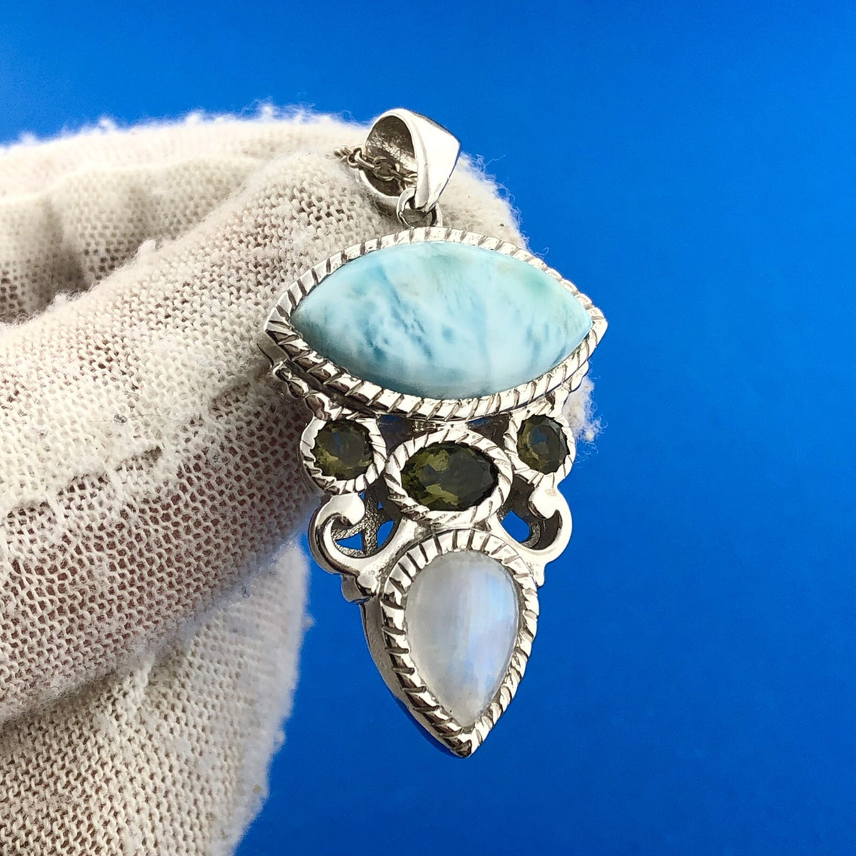 Designer Sterling Silver 925 Blue Agate Peridot Moonstone Drop Pendant Necklace