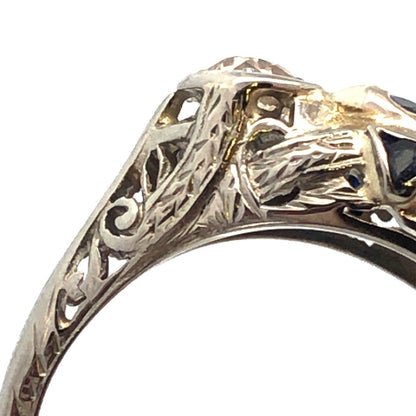 Vintage Platinum Oval Sapphire Round Diamond Trio Filigree Engagement Ring