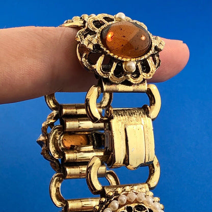 Vintage Gold Tone Seed Pearl Amber Glass Black Enamel Statement Panel Bracelet