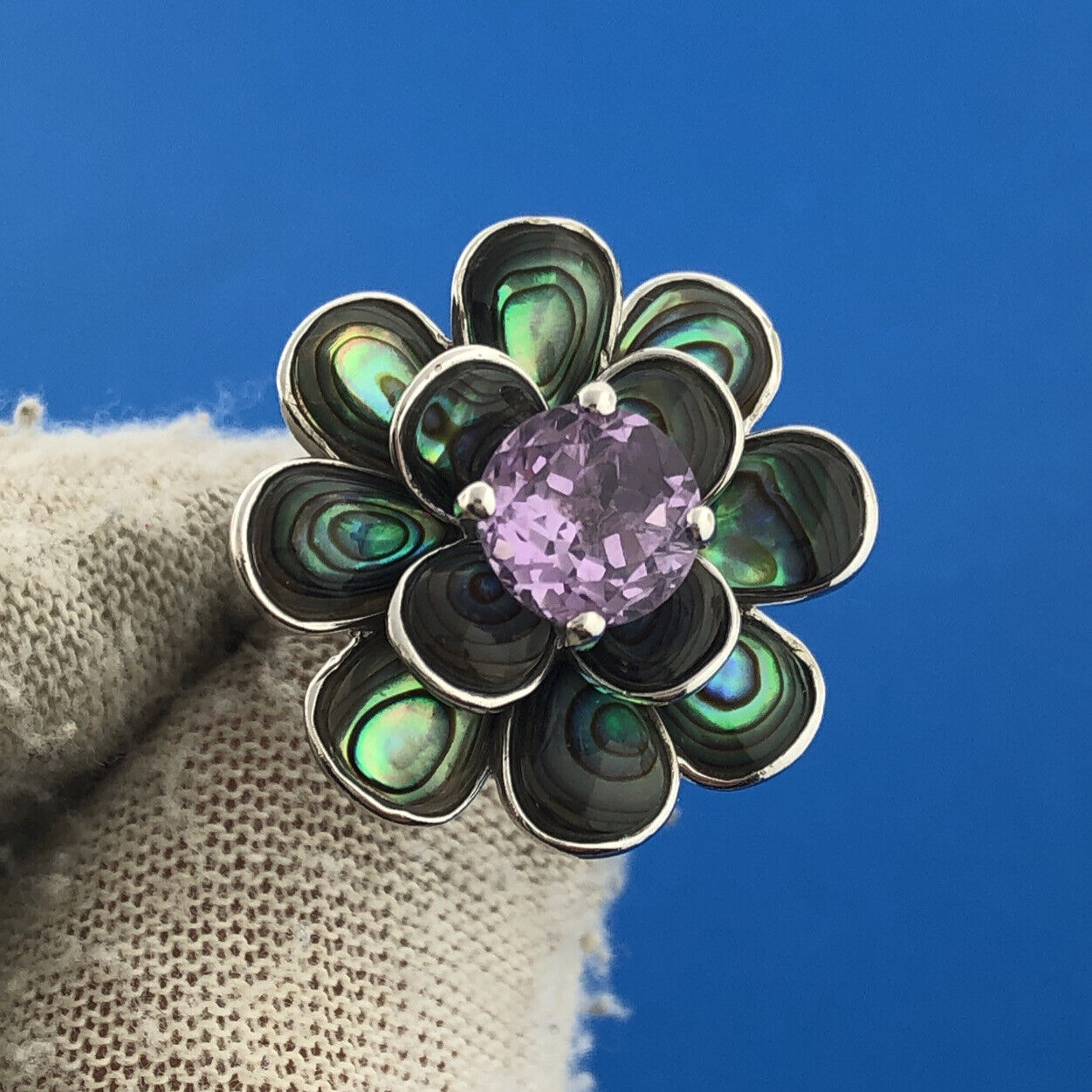 Designer KN China Sterling Silver 925 Amethyst Abalone Flower Cocktail Ring