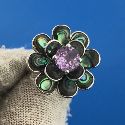 Designer KN China Sterling Silver 925 Amethyst Abalone Flower Cocktail Ring