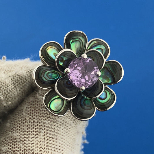 Designer KN China Sterling Silver 925 Amethyst Abalone Flower Cocktail Ring