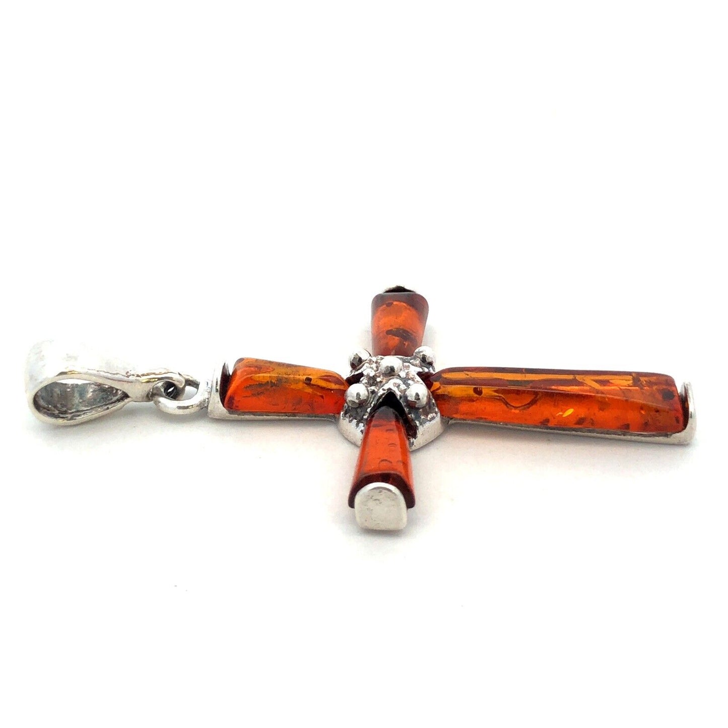 Vintage 925 Sterling Silver Orange Amber Cross Pendant