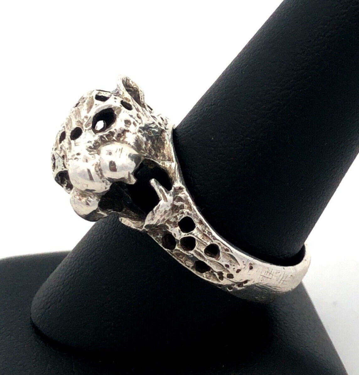 Vintage Mexico 925 Sterling Silver Cheetah Jaguar Cat Head Statement Ring