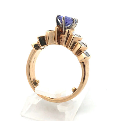 Designer 14K Yellow Gold Oval Tanzanite Diamond Baguette Accented Statement Ring