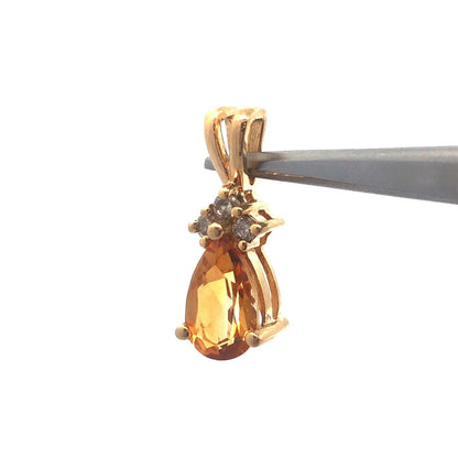 Gorgeous 14k Yellow Gold Pear Cut Citrine Round Cut Diamond Accent Pendant