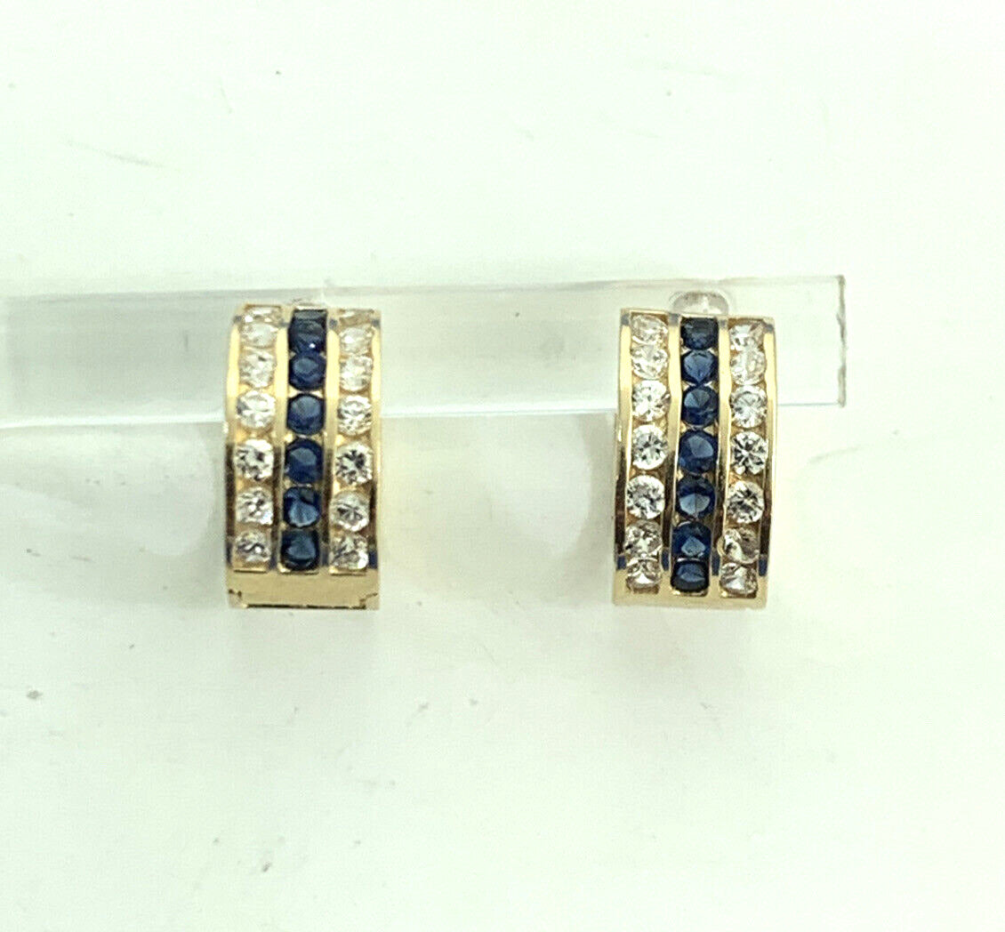 Designer JTS 14K Yellow Gold White Topaz Blue Sapphire Huggie Hoop Earrings