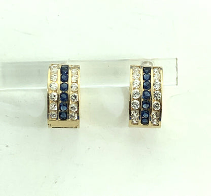 Designer JTS 14K Yellow Gold White Topaz Blue Sapphire Huggie Hoop Earrings