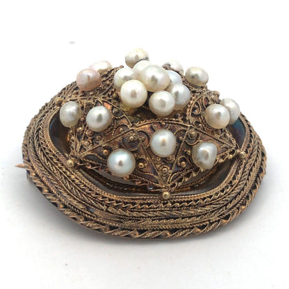 Victorian 14K Yellow Gold Seed Pearl Collar Mourning Statement Pendant Brooch