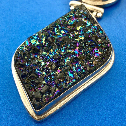 Estate Sterling Silver 925 Ocean Blue CZ Rainbow Druzy Geode Statement Pendant