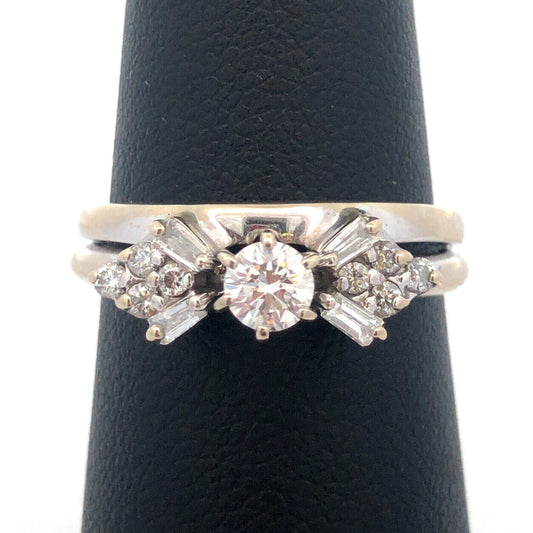 14K White Gold Diamond Solitaire W/Accents Soldered Double Band Engagement Ring