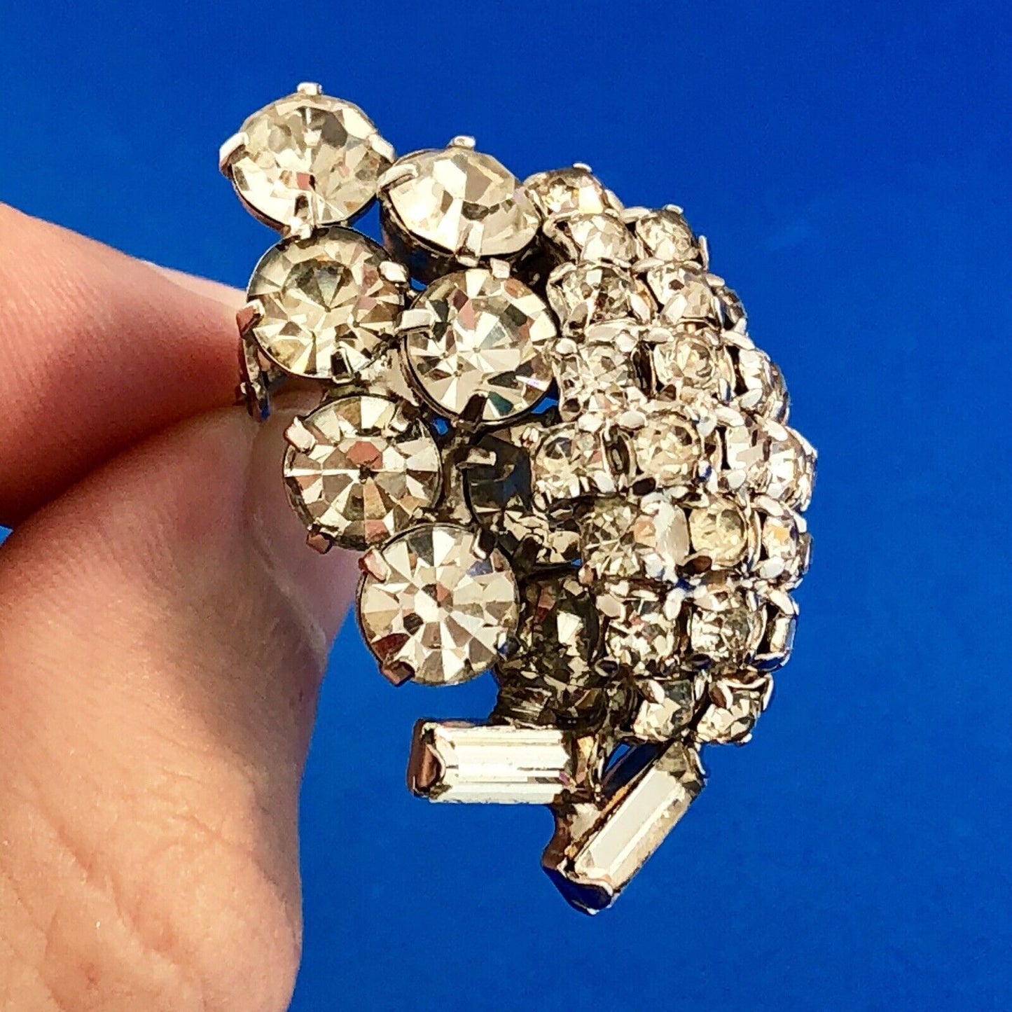 Retro Haute Couture Silver Tone Rhinestone Grape Cluster Statement Clip Earrings