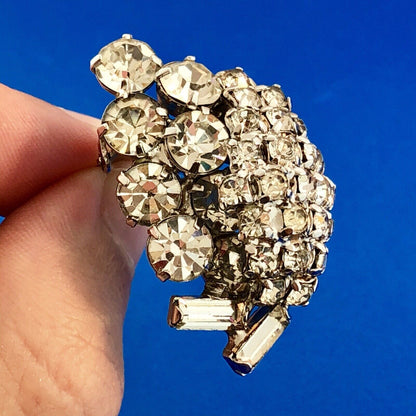 Retro Haute Couture Silver Tone Rhinestone Grape Cluster Statement Clip Earrings