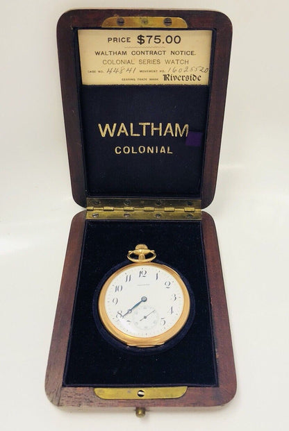 1907 Waltham 14K Gold Riverside Colonial Series Pocket Watch Original Box/COA