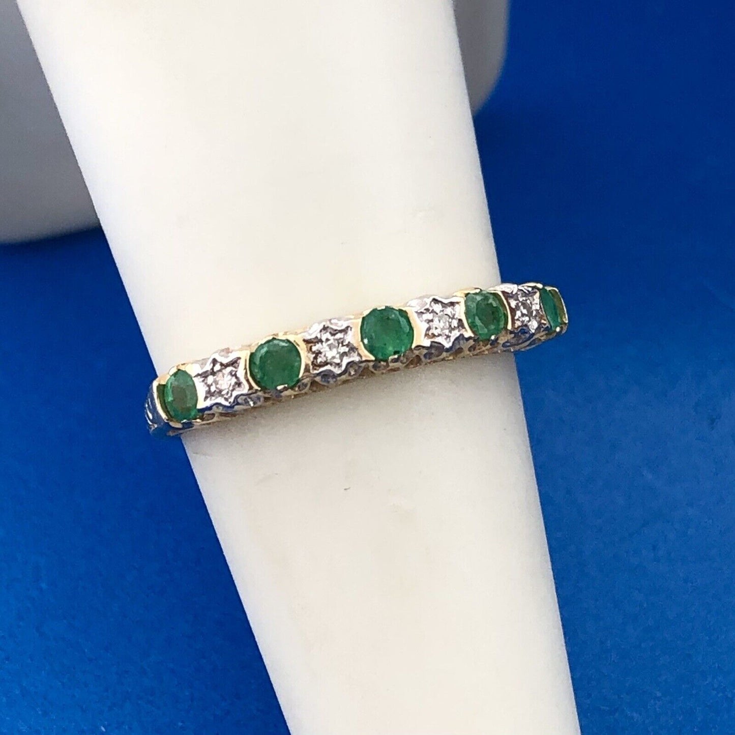 Designer 14K Yellow Gold Emerald Diamond May Anniversary Eternity Band Ring