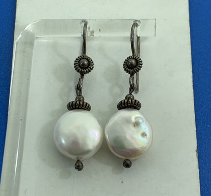 Vintage 925 Sterling Silver Pearl Hook Dangle Drop Earrings