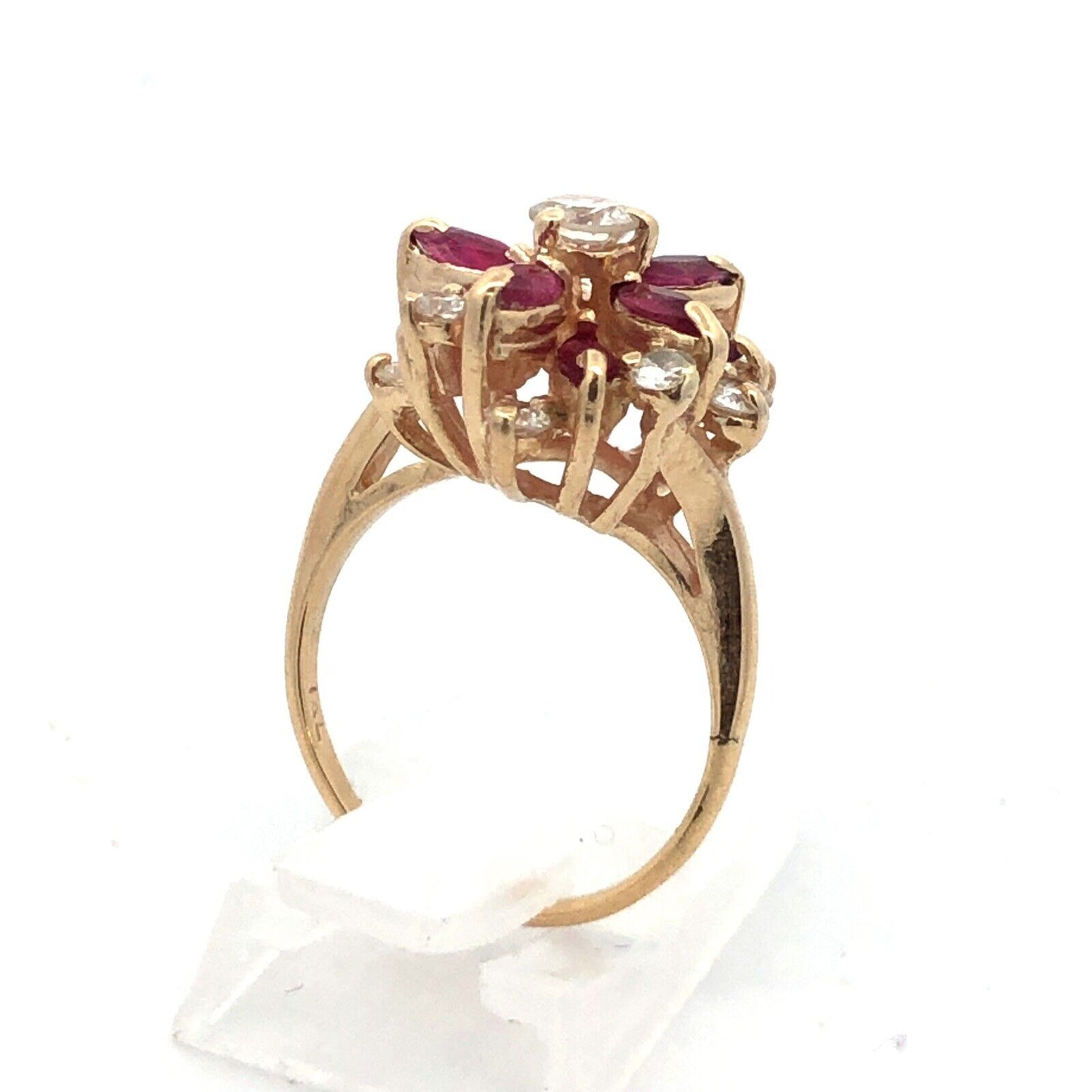 Vintage 14K Yellow Gold Round Diamond Marquise Lab Created Ruby Cocktail Ring