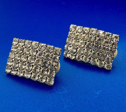 Glitzy Glamorous Silver Tone Crystal Rhinestone Statement Clip On Earrings