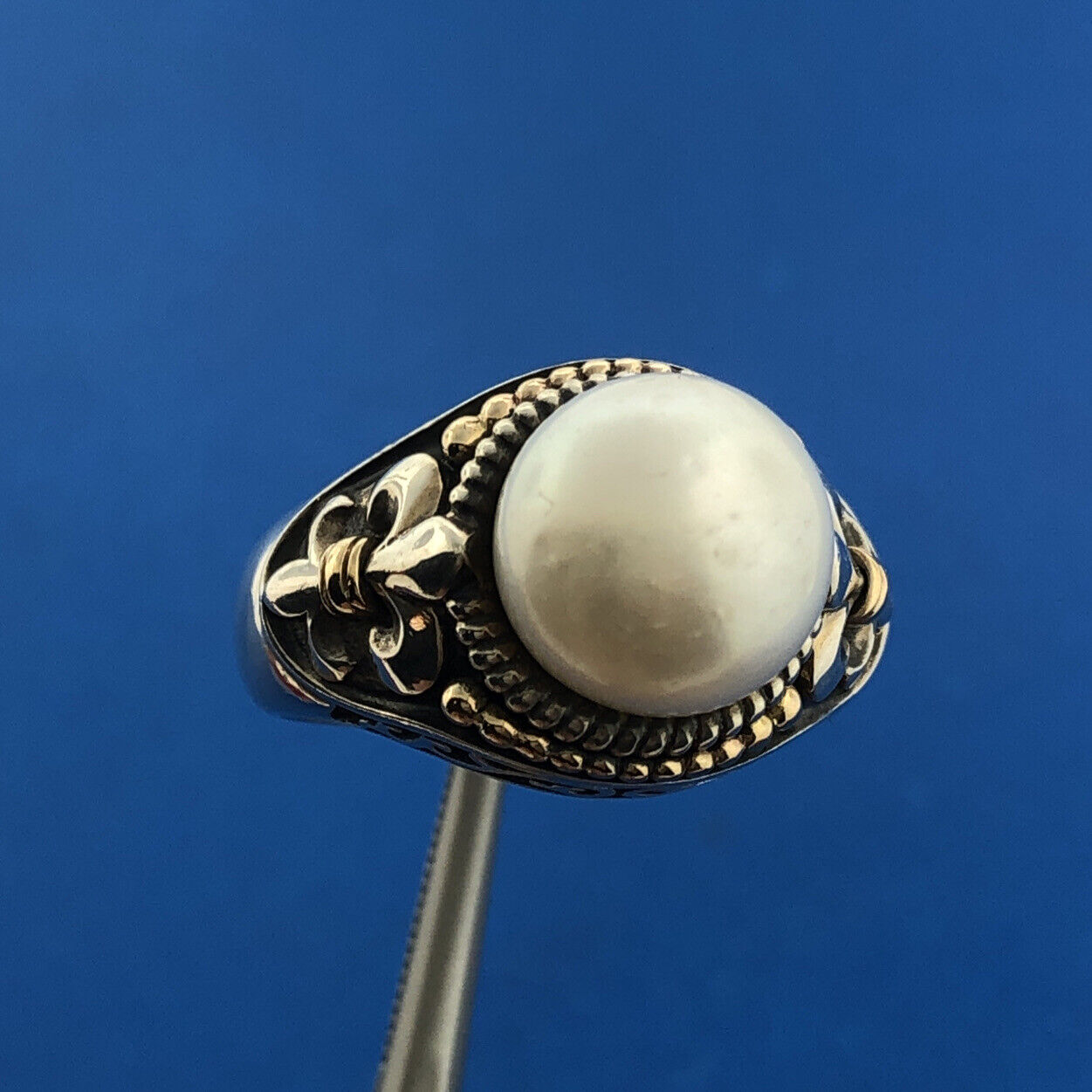 Designer HVE Sterling Silver 14K Yellow Gold Pearl Solitaire Fleur De Lis Ring