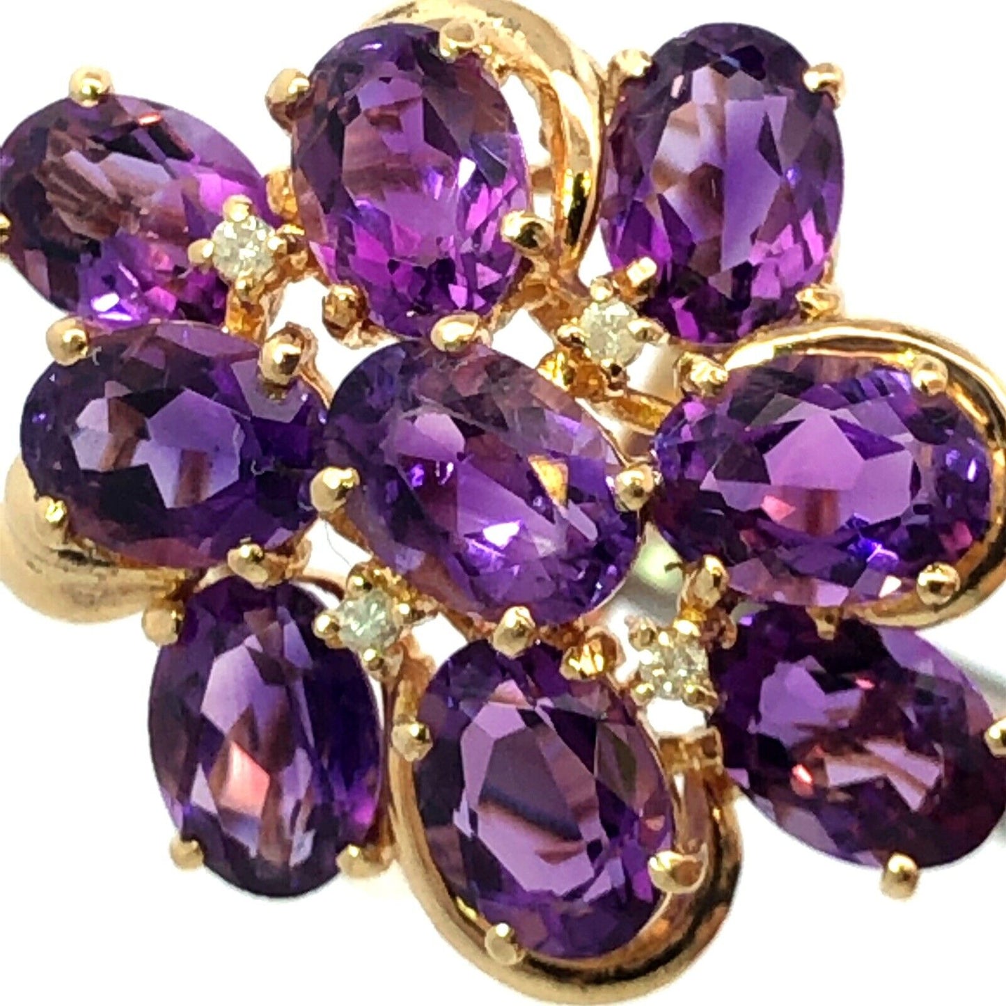 Designer 14K Yellow Gold Lab Created Oval Amethyst Diamond Cluster Cocktail Ring