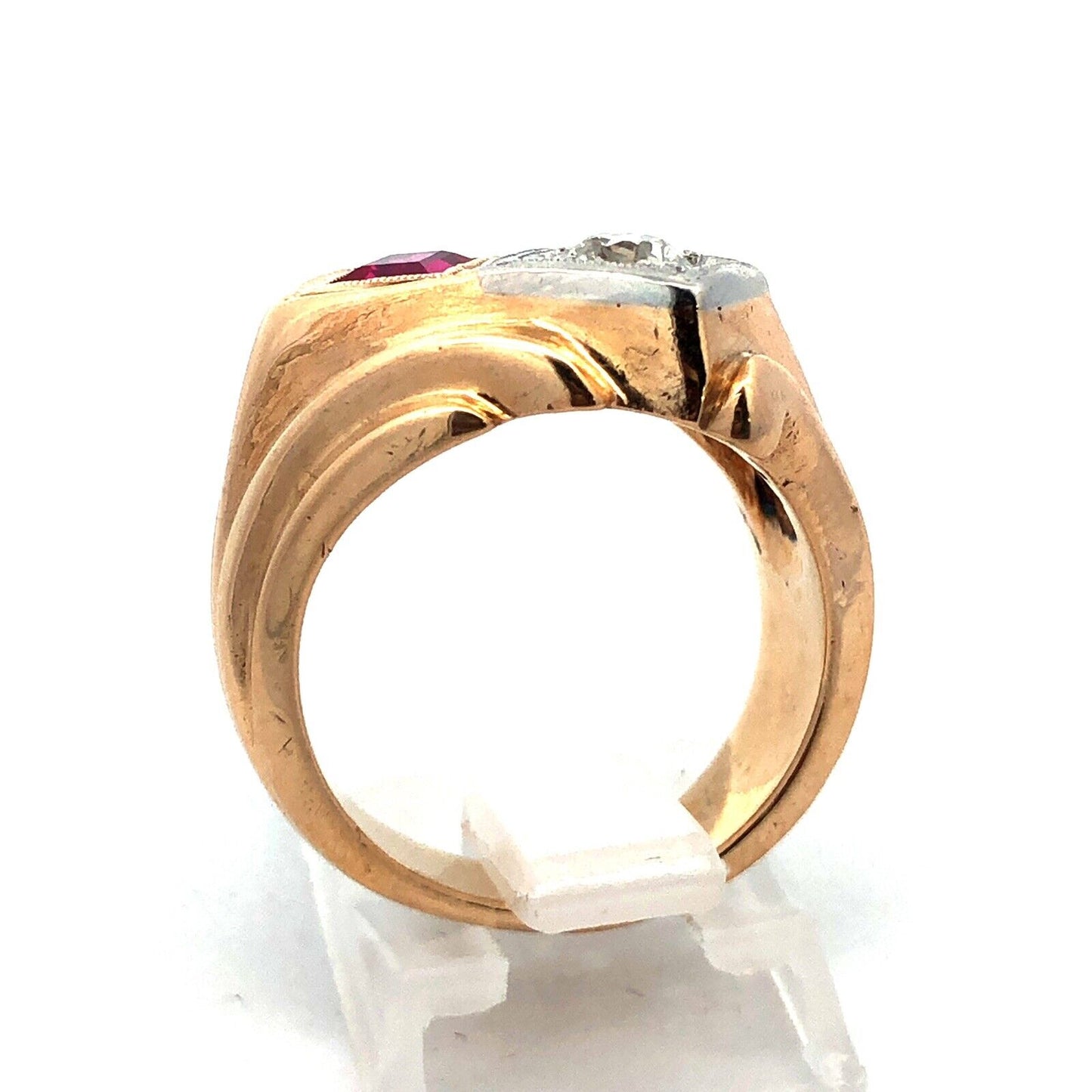 Art Deco 14K Yellow Gold Princess Ruby Round Diamond Statement Cocktail Ring