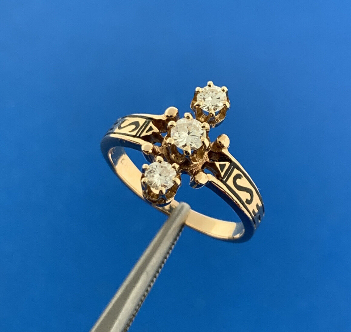 Art Deco Heirloom 14K Yellow Gold Diamond Trio Black Enamel Cocktail Ring