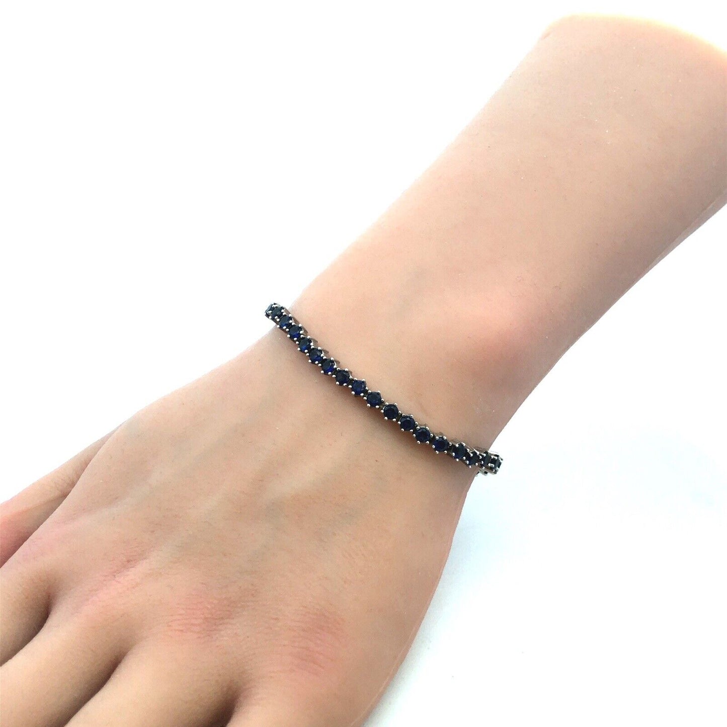 Designer DL 925 Sterling Silver Round Blue Sapphire Adjusable Tennis Bracelet