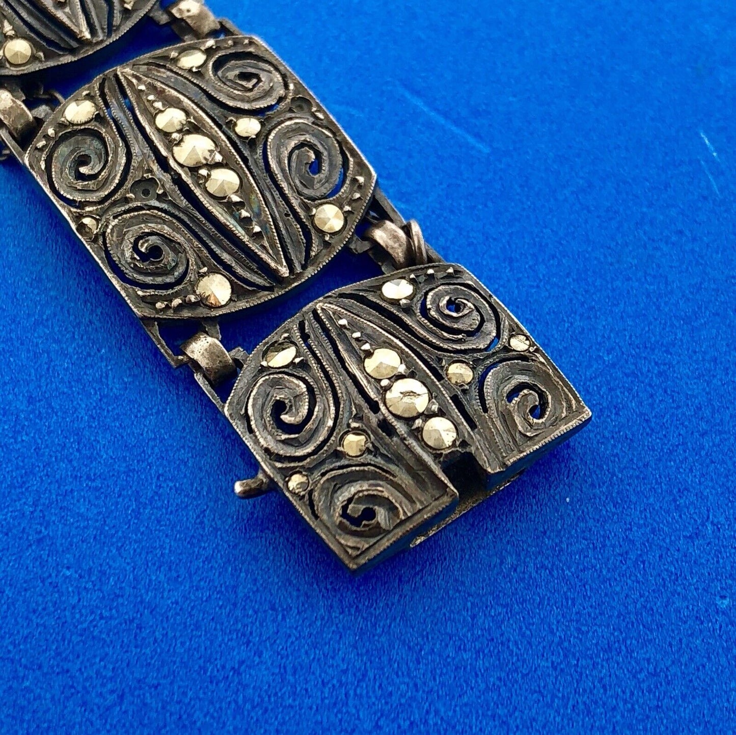 Art Deco Germany 925 Sterling Silver Marcasite Filigree Scroll Panel Bracelet