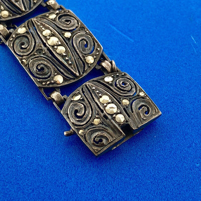 Art Deco Germany 925 Sterling Silver Marcasite Filigree Scroll Panel Bracelet