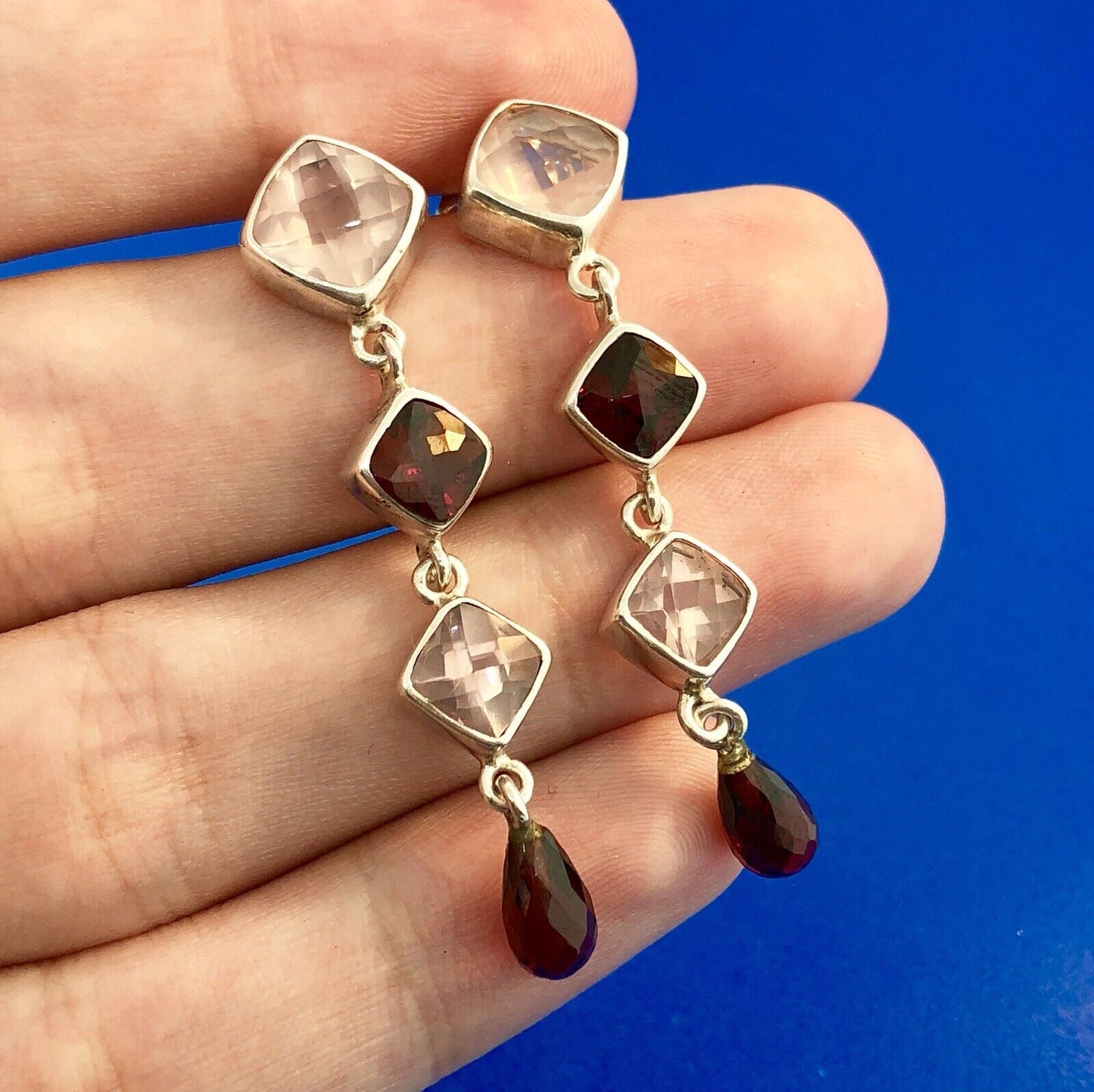 Sterling Silver 925 Garnet Rose Quartz January Drop Dangle Statement Earrings