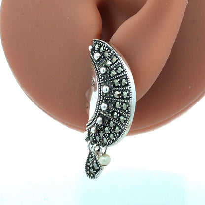 Designer A 925 Sterling Silver Marcasite Pearl Man In Moon Dangle Stud Earrings