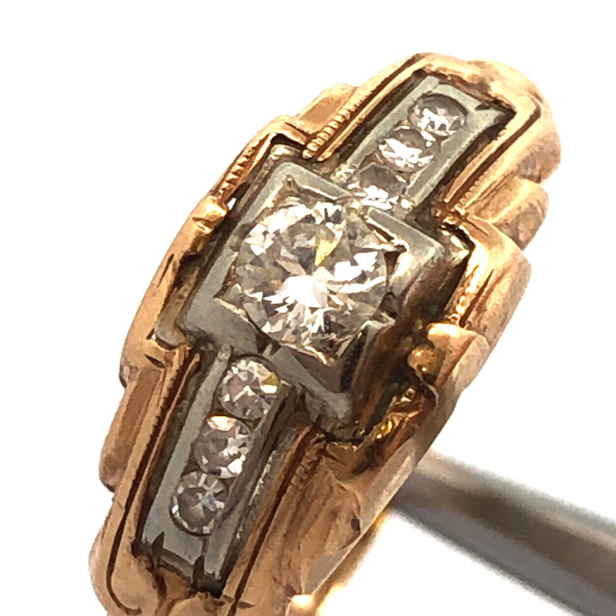 Art Deco 14K Yellow Gold Round Diamond Engagement Anniversary Ring