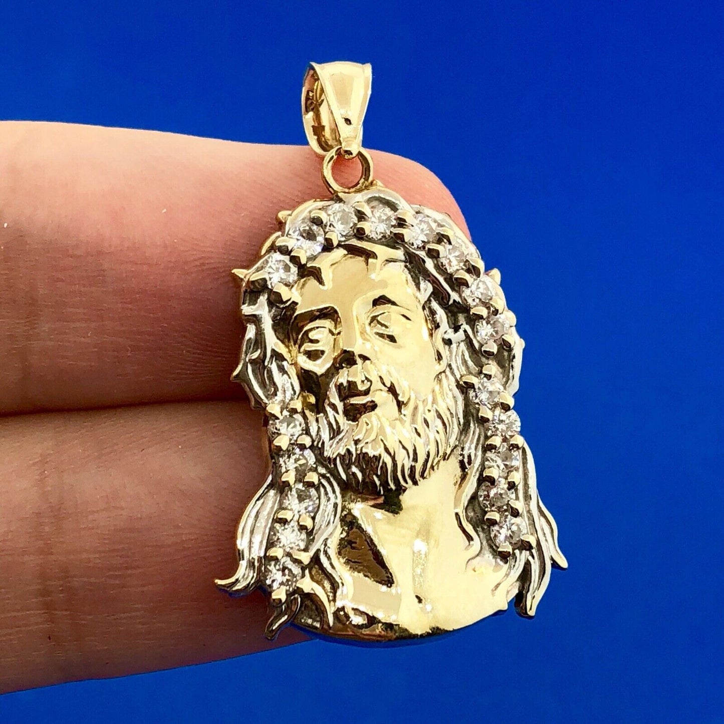 Designer 10K Yellow White Gold Cubic Zirconia CZ Jesus  Christ Statement Pendant