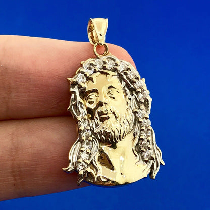 Designer 10K Yellow White Gold Cubic Zirconia CZ Jesus  Christ Statement Pendant