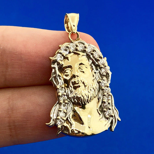 Designer 10K Yellow White Gold Cubic Zirconia CZ Jesus  Christ Statement Pendant