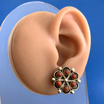 Native American 925 Sterling silver Unmarked Coral Flower Stud Earrings