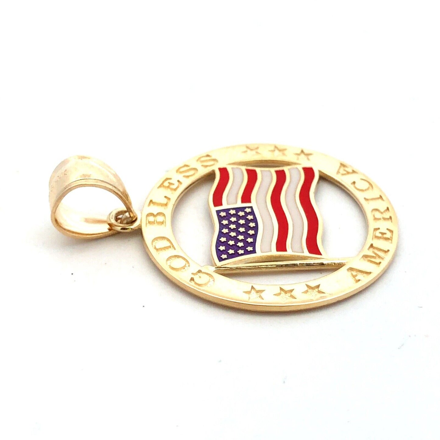 Designer NGI 14K Yellow Gold Enamel God Bless America USA Flag Round Pendant