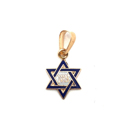 Designer 14K Yellow Gold Blue White Enamel 6-Point Star of David Hebrew Pendant