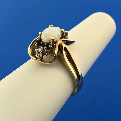 Retro 14K Yellow Gold Diamond Sapphire Opal Modernist Free Form Cocktail Ring