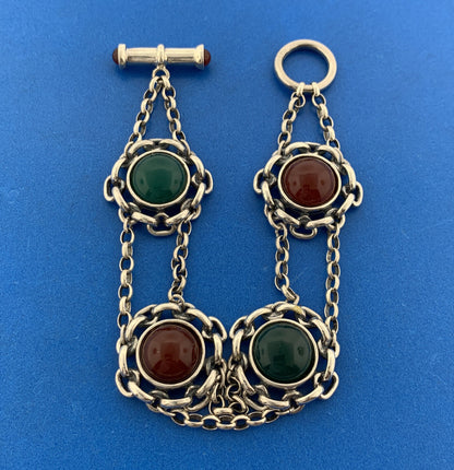 Vintage Italy Sterling Silver Red Carnelian Green Onyx Floral Toggle Bracelet