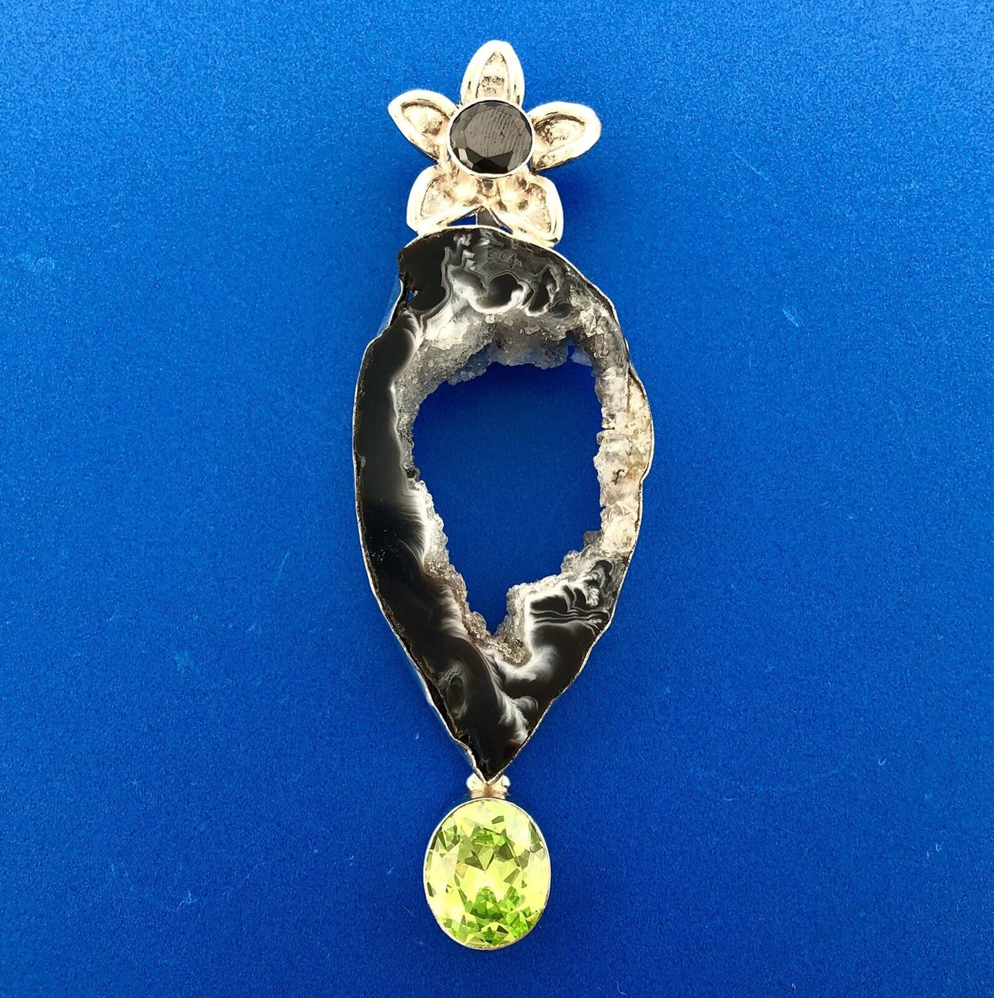 Stunning Sterling Silver 925 Druzy Quartz Black Chartreuse CZ Statement Pendant