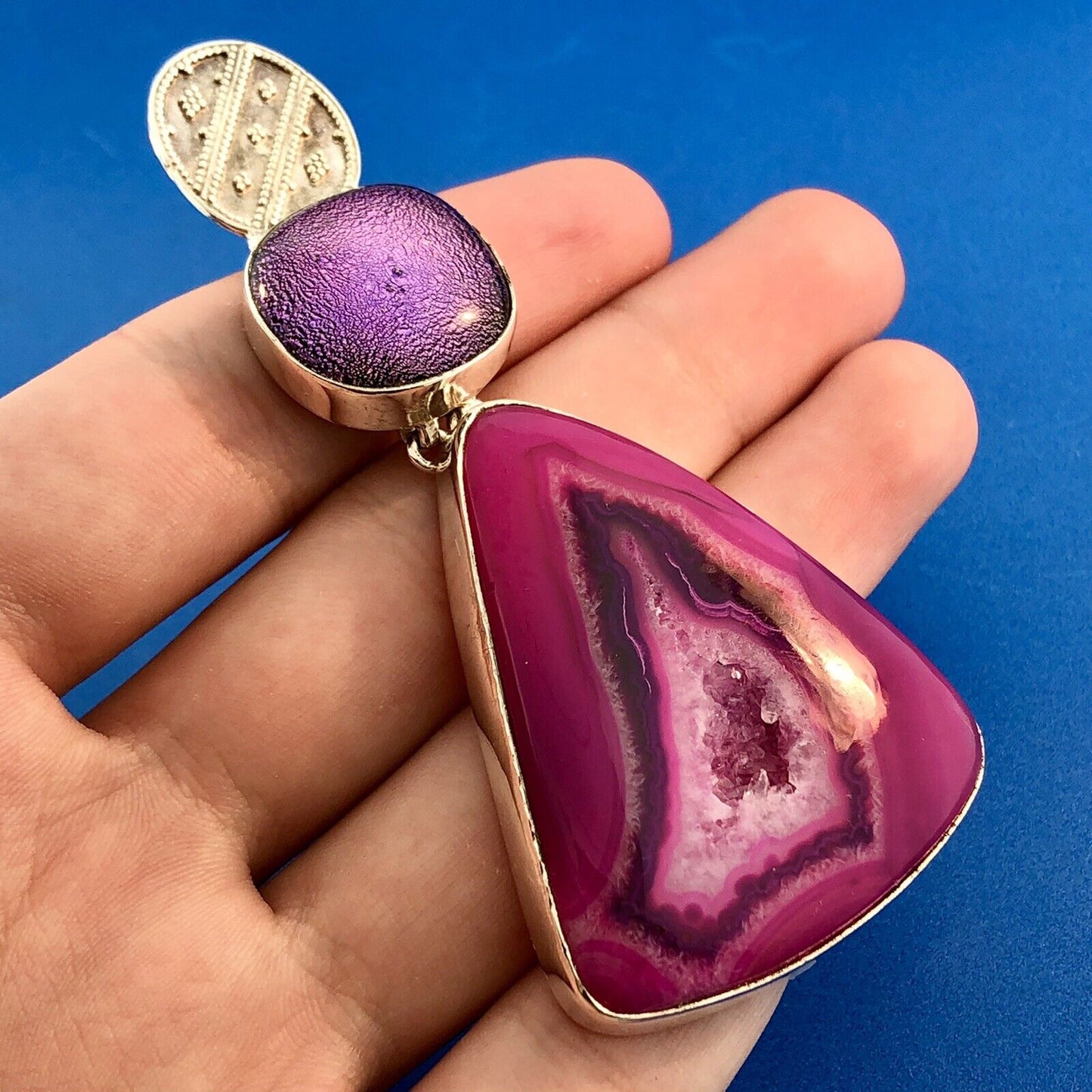 Sterling Silver 925 Pink Fushia Deep Purple Druzy Quartz Geode Statement Pendant