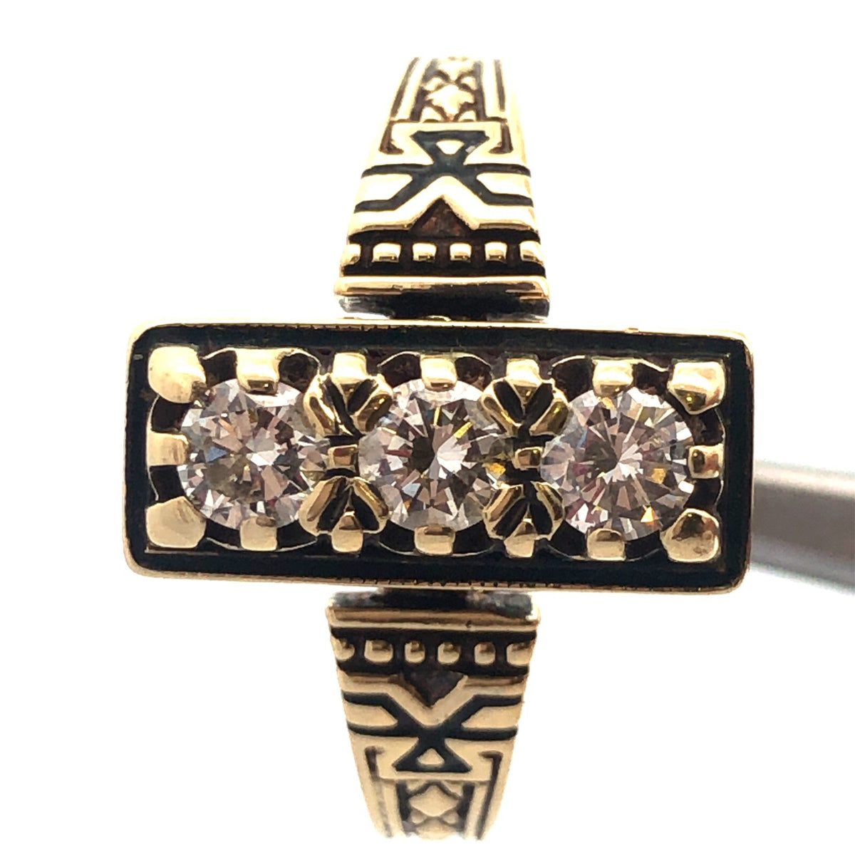 Custom Art Deco 14K Yellow Gold Diamond Trio Engagement Anniversary Ring