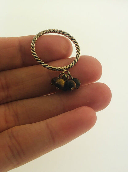 Vintage Sterling Silver 925 Brown Tigers Eye Bead Ball Dangle Cocktail Ring