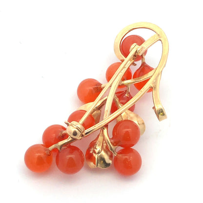 Estate 14K Yellow Gold Carnelian Bead Berry Vine Statement Brooch Pin Pendant