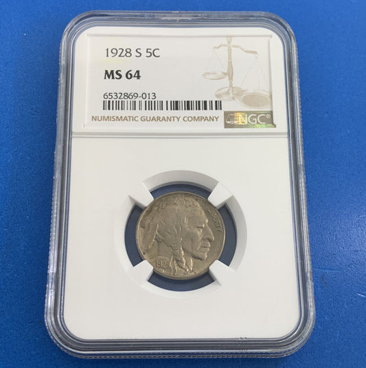 1928 S San Francisco 5c Buffalo Nickel NGC MS 64 Better Date American Coin